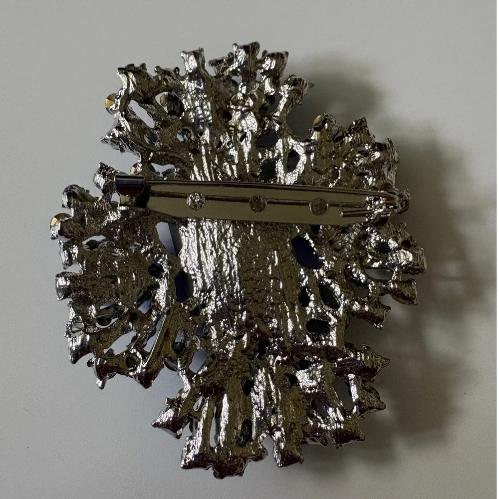 Blue Crystal Rhinestone Maltese Cross Brooch Pin Silver Tone Statement Jewelry
